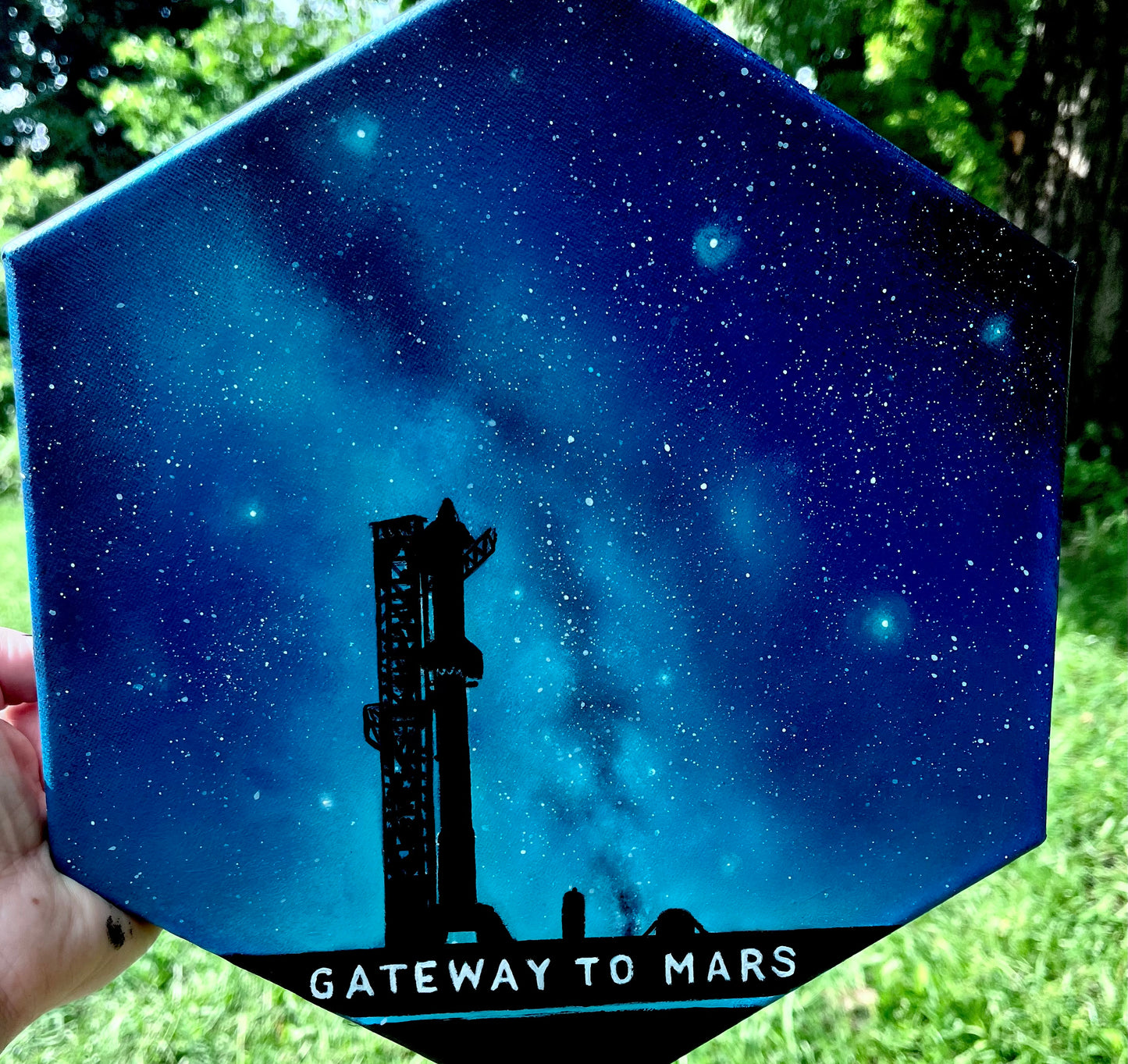 Made to order Starbase Glow-in-the-Dark hexagonal acrylic painting