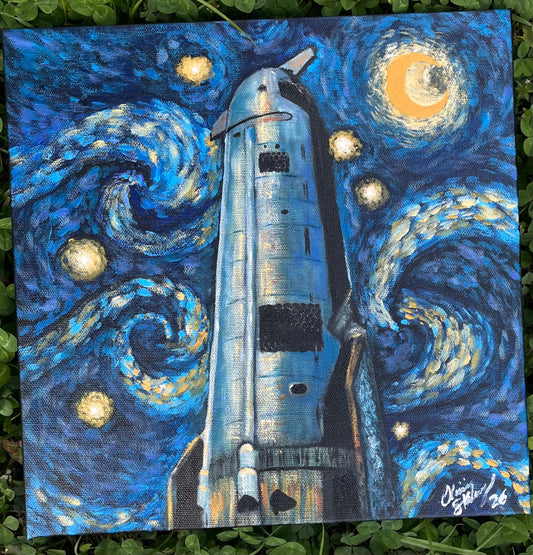 “Starry Flight” Van Gogh Inspired Starship 12x12 inch acrylic ORIGINAL
