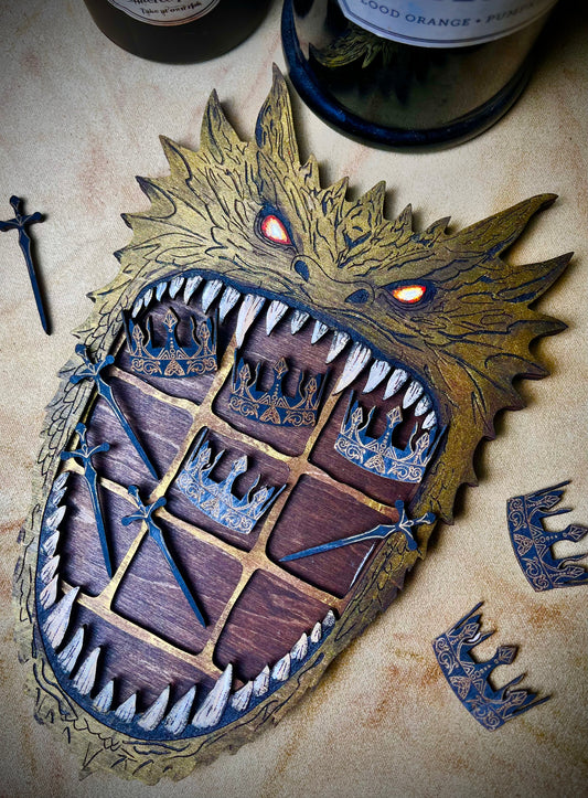 Dragon tic tac toe- handmade wooden fantasy themed strategy game. Sword and crowns