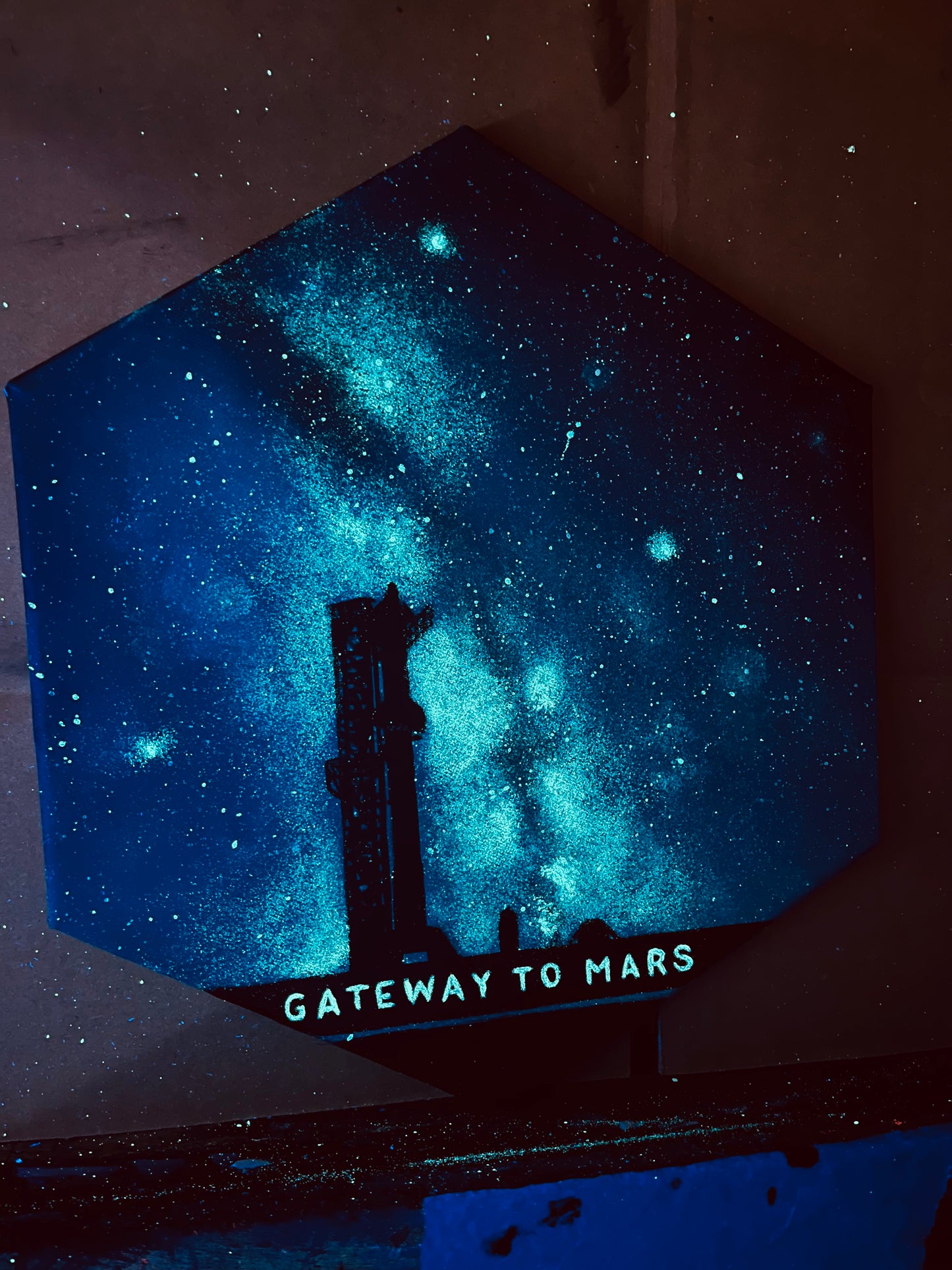 Made to order Starbase Glow-in-the-Dark hexagonal acrylic painting