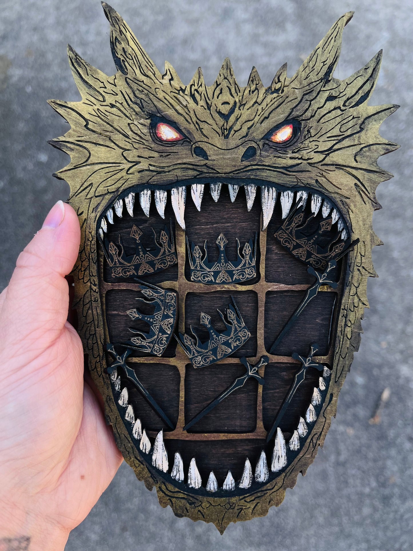 Dragon tic tac toe- handmade wooden fantasy themed strategy game. Sword and crowns