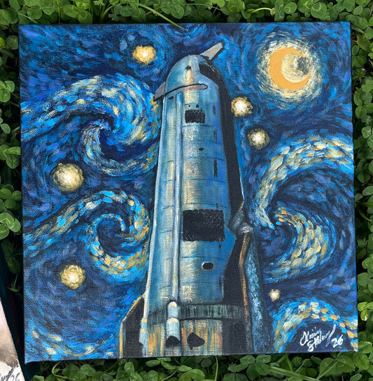 “Starry Flight” Van Gogh Inspired Starship 12x12 inch acrylic ORIGINAL