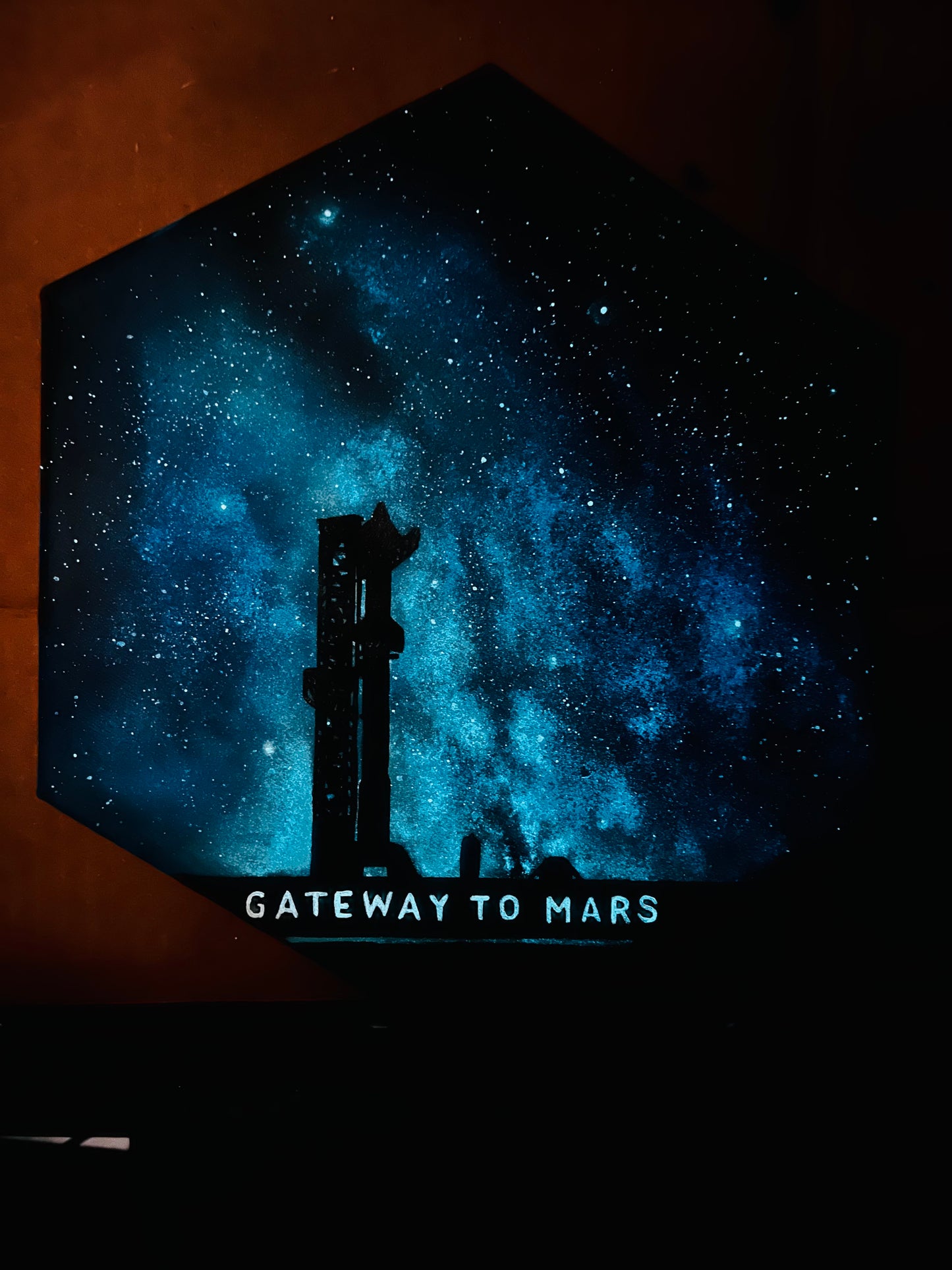 Made to order Starbase Glow-in-the-Dark hexagonal acrylic painting